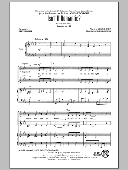 Rodgers & Hart Isn't It Romantic? (arr. Steve Zegree) sheet music notes and chords arranged for SATB Choir
