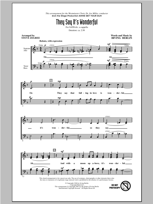 Learn to play Steve Zegree They Say It's Wonderful sheet music for SATB Choir in minutes. Price: 3.9900$ Steve Zegree They Say It's Wonderful sheet music notes and chords arranged for SATB Choir