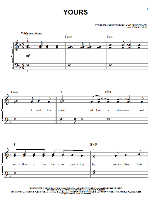 Steven Curtis Chapman Yours sheet music notes and chords. Download Printable PDF.