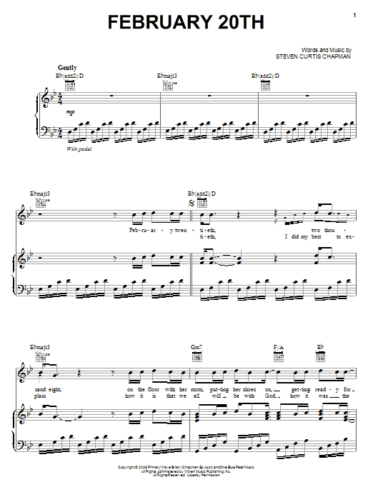 Steven Curtis Chapman February 20th sheet music notes and chords. Download Printable PDF.