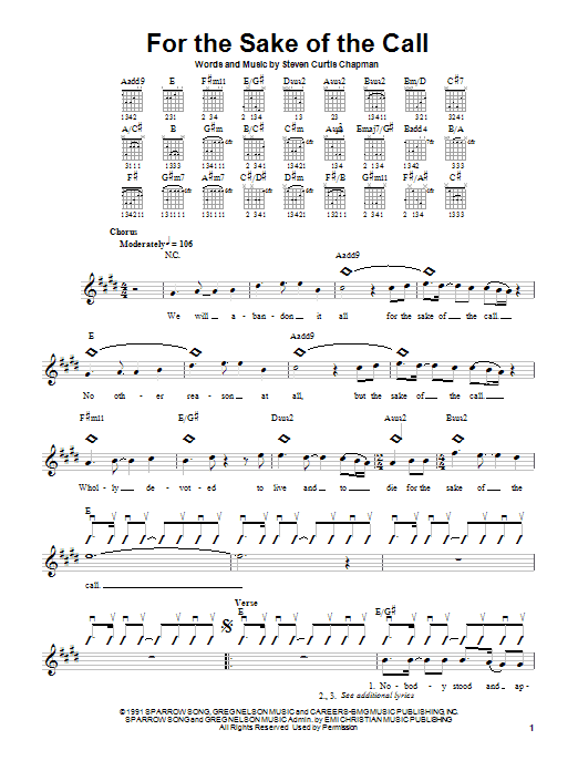 Learn to play Steven Curtis Chapman For The Sake Of The Call sheet music for Piano, Vocal & Guitar (Right-Hand Melody) in minutes. Price: 6.9900$ Steven Curtis Chapman For The Sake Of The Call sheet music notes and chords. Download Printable PDF.