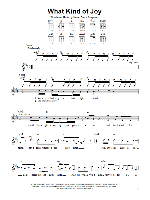 Learn to play Steven Curtis Chapman What Kind Of Joy sheet music for Guitar with Strumming Patterns in minutes. Price: 4.9900$ Steven Curtis Chapman What Kind Of Joy sheet music notes and chords. Download Printable PDF.