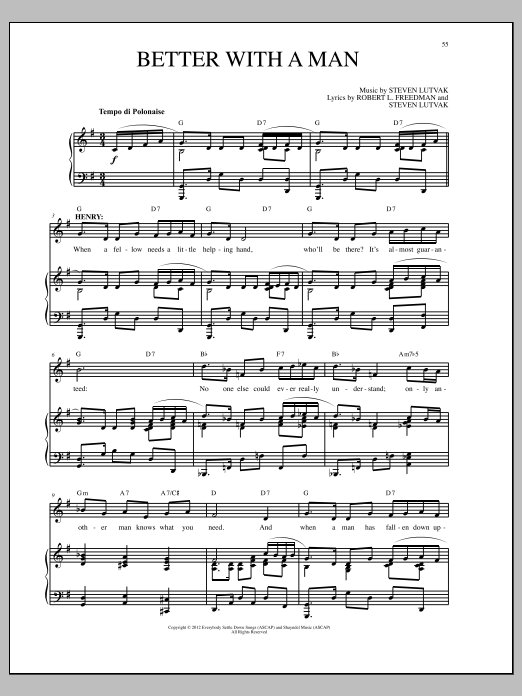 Learn to play Steven Lutvak Better With A Man sheet music for Piano & Vocal in minutes. Steven Lutvak Better With A Man sheet music notes and chords. Download Printable PDF.