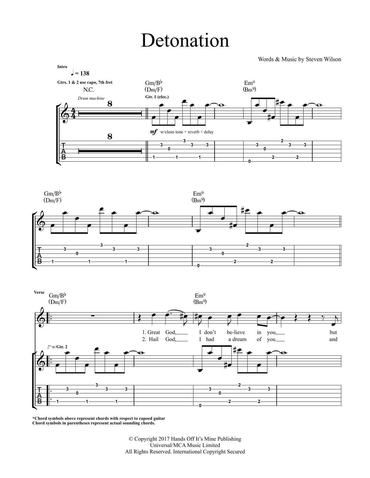 Steven Wilson Detonation sheet music notes and chords. Download Printable PDF.