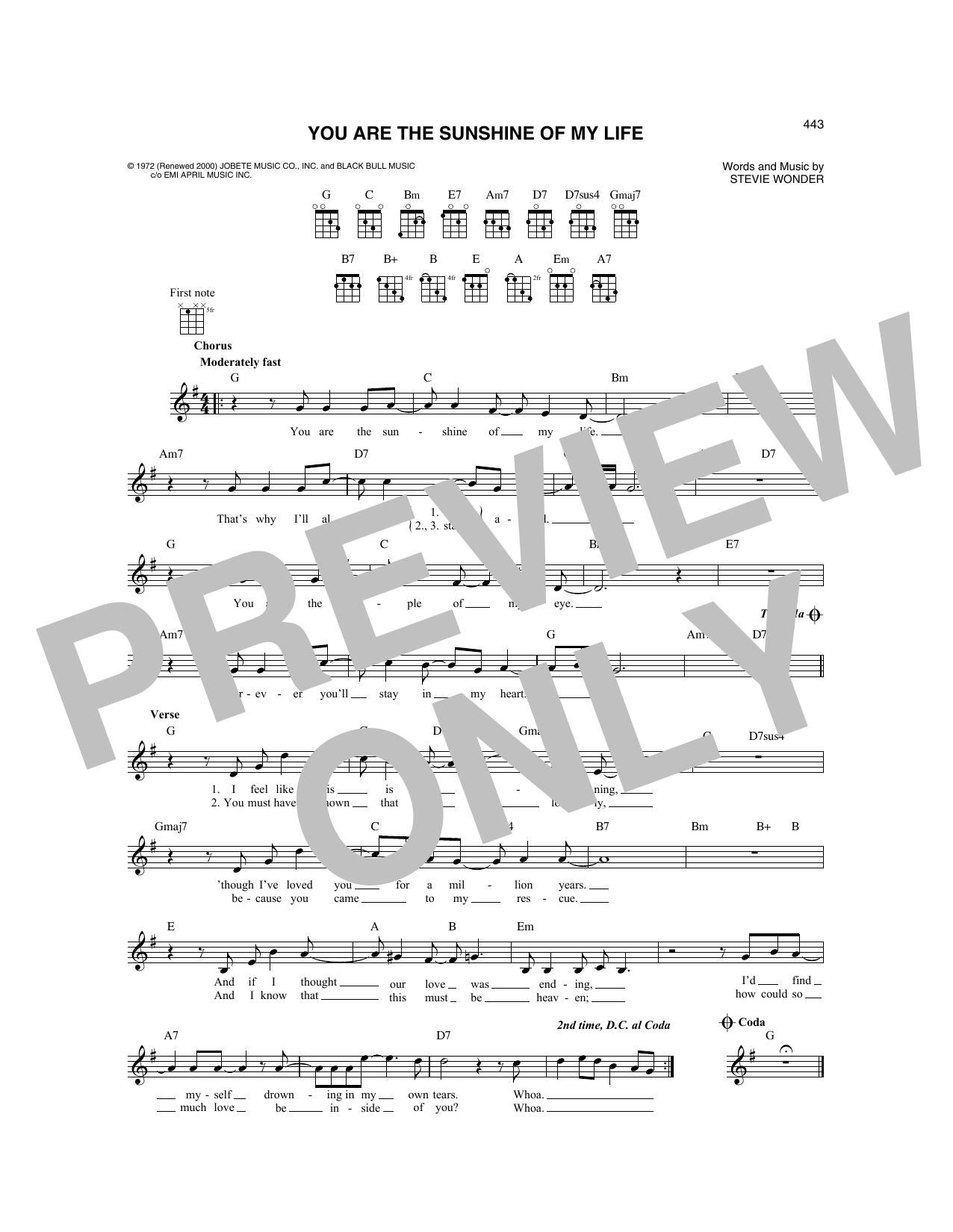 Stevie Wonder You Are The Sunshine Of My Life sheet music notes and chords. Download Printable PDF.