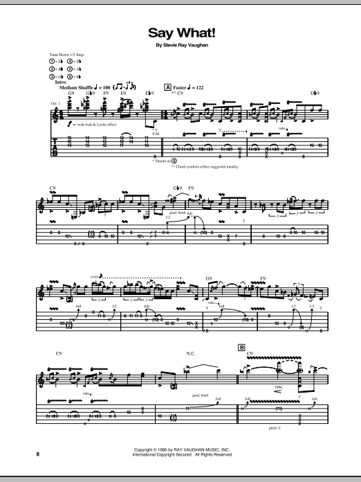 Learn to play Stevie Ray Vaughan Say What sheet music for Guitar Tab in minutes. Price: 7.8900$ Stevie Ray Vaughan Say What sheet music notes and chords arranged for Guitar Tab