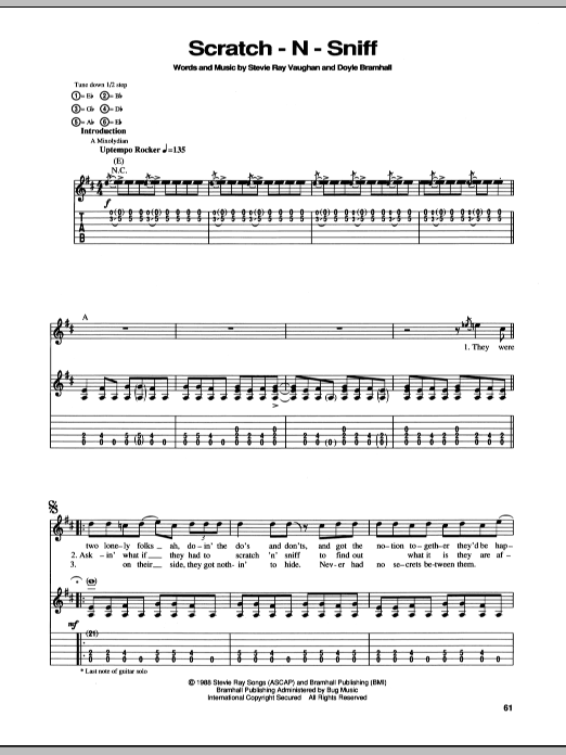 Learn to play Stevie Ray Vaughan Scratch-N-Sniff sheet music for Guitar Tab in minutes. Price: 7.8900$ Stevie Ray Vaughan Scratch-N-Sniff sheet music notes and chords arranged for Guitar Tab