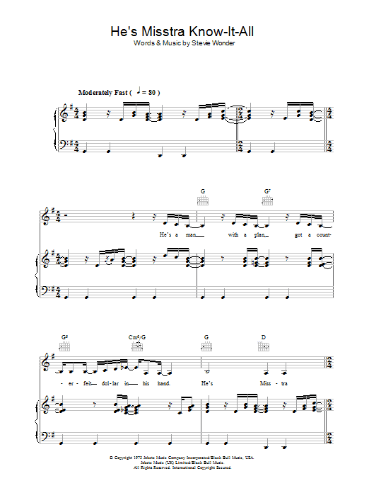 Learn to play Stevie Wonder He's Misstra Know-It-All sheet music for Piano, Vocal & Guitar (Right-Hand Melody) in minutes. Stevie Wonder He's Misstra Know-It-All sheet music notes and chords