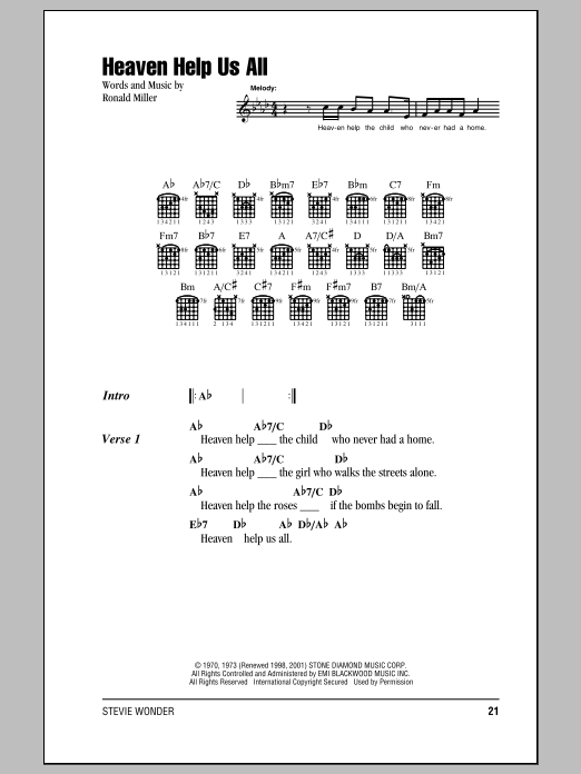 Learn to play Stevie Wonder Heaven Help Us All sheet music for Guitar Chords/Lyrics in minutes. Stevie Wonder Heaven Help Us All sheet music notes and chords. Download Printable PDF.