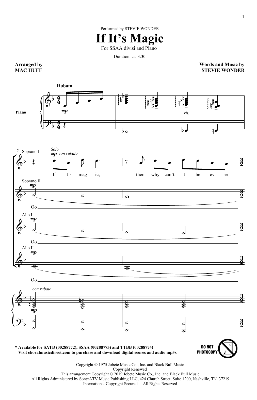 Learn to play Stevie Wonder If It's Magic (arr. Mac Huff) sheet music for SSA Choir in minutes. Price: 3.9900$ Stevie Wonder If It's Magic (arr. Mac Huff) sheet music notes and chords arranged for SSA Choir