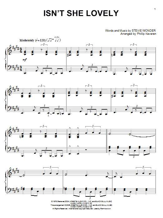 Stevie Wonder Isn't She Lovely (arr. Phillip Keveren) sheet music notes and chords. Download Printable PDF.
