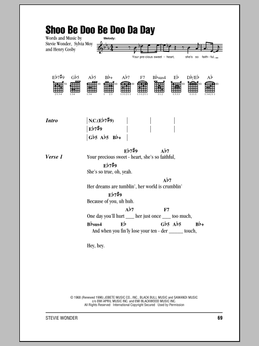 Learn to play Stevie Wonder Shoo Be Doo Be Doo Da Day sheet music for Guitar Chords/Lyrics in minutes. Stevie Wonder Shoo Be Doo Be Doo Da Day sheet music notes and chords. Download Printable PDF.