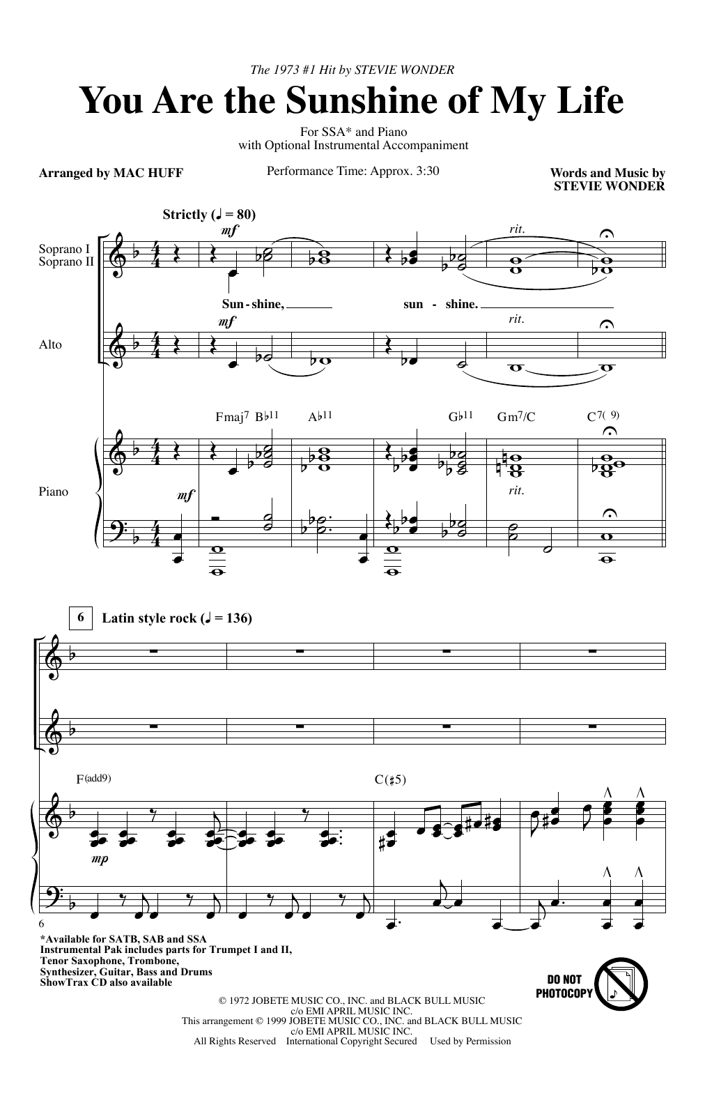 Learn to play Stevie Wonder You Are The Sunshine Of My Life (arr. Mac Huff) sheet music for SAB Choir in minutes. Price: 3.9900$ Stevie Wonder You Are The Sunshine Of My Life (arr. Mac Huff) sheet music notes and chords arranged for SAB Choir