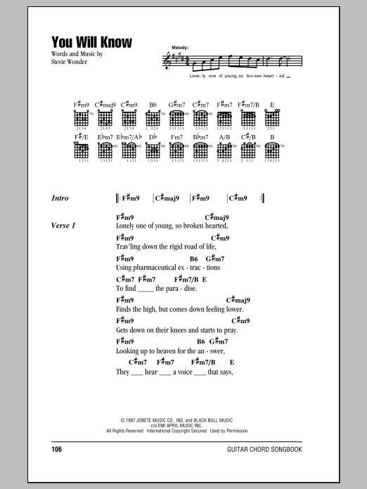 Stevie Wonder You Will Know sheet music notes and chords. Download Printable PDF.