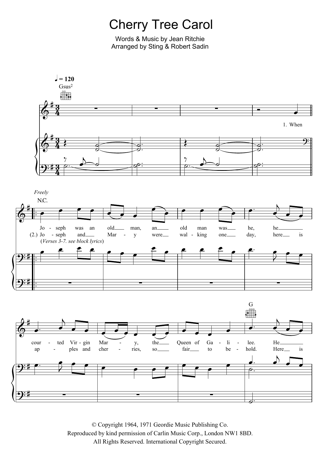 Learn to play Sting Cherry Tree Carol sheet music for Piano, Vocal & Guitar in minutes. Sting Cherry Tree Carol sheet music notes and chords. Download Printable PDF.