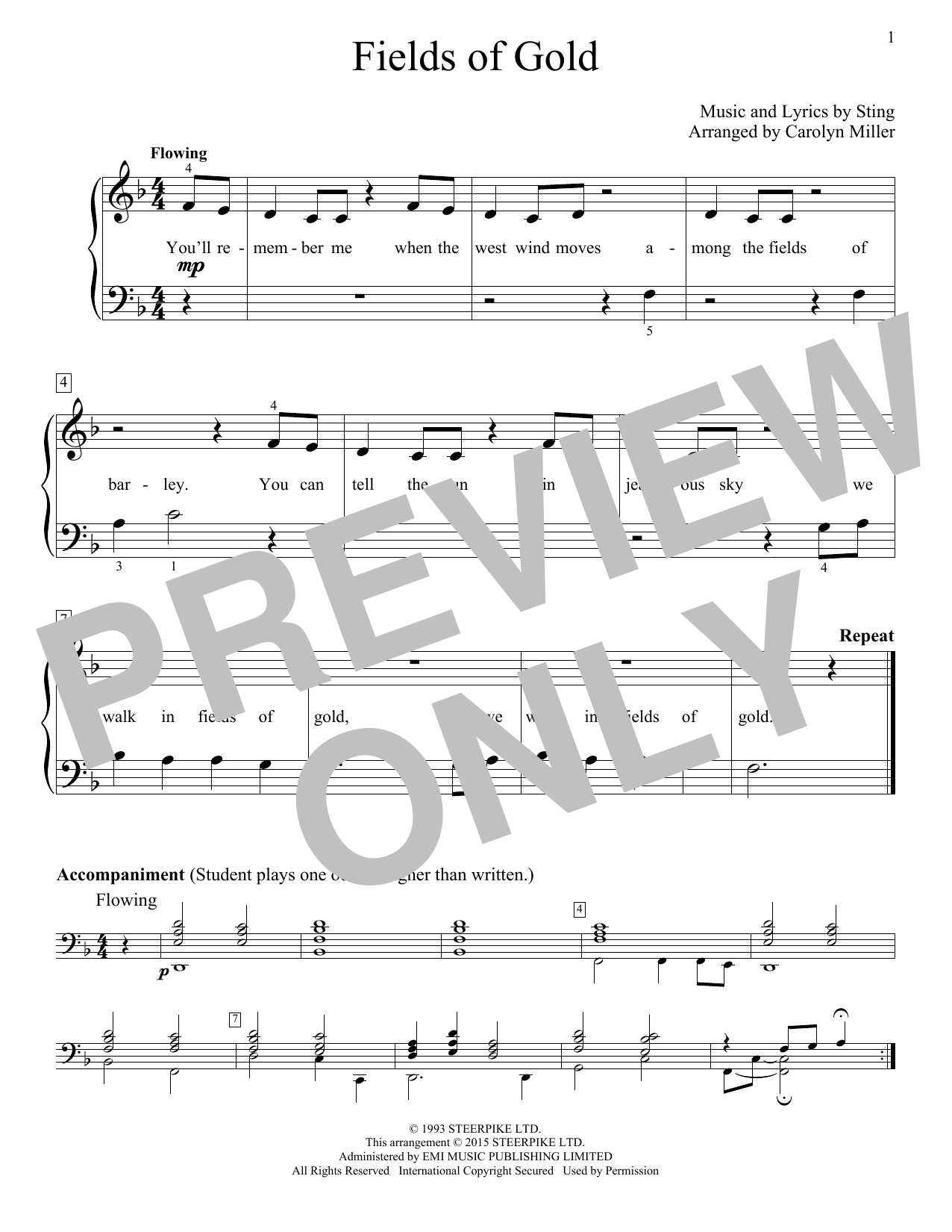 Learn to play Sting Fields Of Gold (arr. Carolyn Miller) sheet music for Educational Piano in minutes. Price: 6.9900$ Sting Fields Of Gold (arr. Carolyn Miller) sheet music notes and chords arranged for Educational Piano