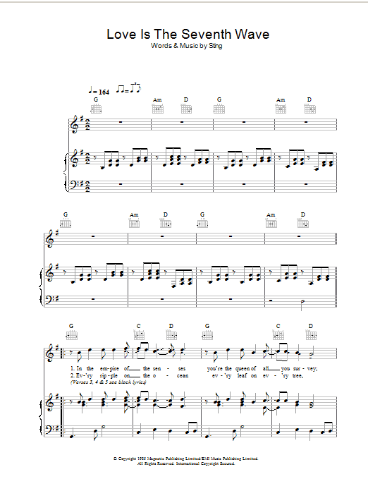 Learn to play Sting Love Is The Seventh Wave sheet music for Piano, Vocal & Guitar (Right-Hand Melody) in minutes. Sting Love Is The Seventh Wave sheet music notes and chords. Download Printable PDF.