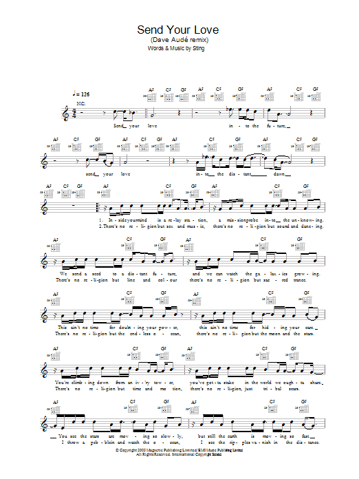 Sting Send Your Love (Dave Audé remix) sheet music notes and chords arranged for Lead Sheet / Fake Book