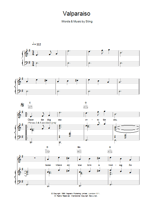 Sting Valparaiso sheet music notes and chords. Download Printable PDF.