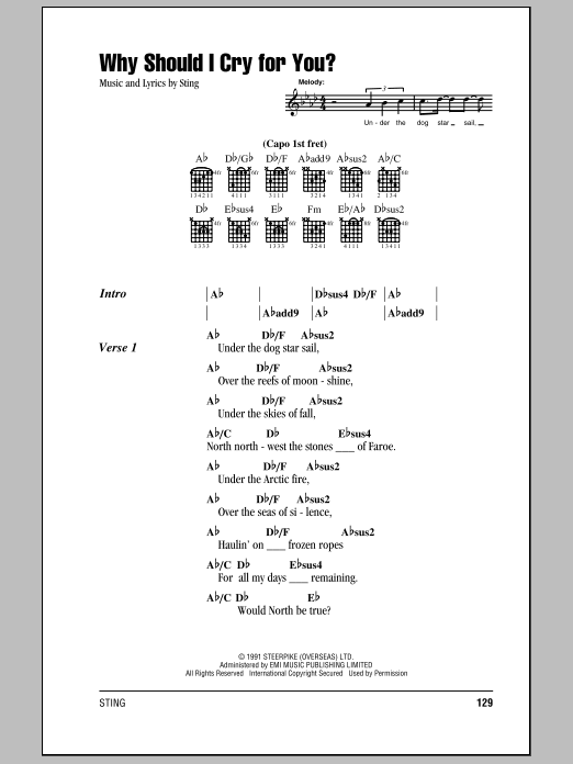 Learn to play Sting Why Should I Cry For You? sheet music for Piano, Vocal & Guitar (Right-Hand Melody) in minutes. Sting Why Should I Cry For You? sheet music notes and chords. Download Printable PDF.