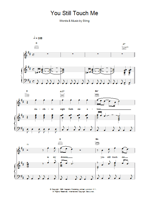 Sting You Still Touch Me sheet music for Piano, Vocal & Guitar (Right-Hand Melody) in minutes. Price: 7.8900$ Sting You Still Touch Me sheet music notes and chords. Download Printable PDF.