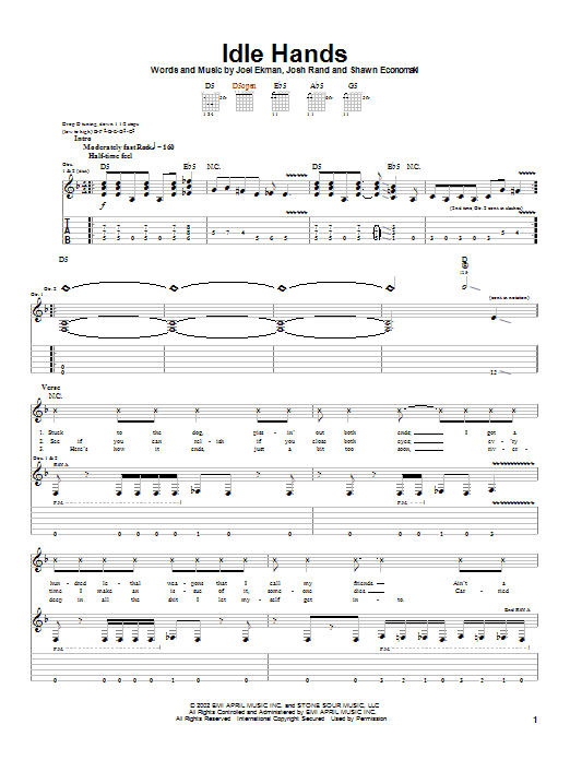 Stone Sour Idle Hands sheet music notes and chords. Download Printable PDF.