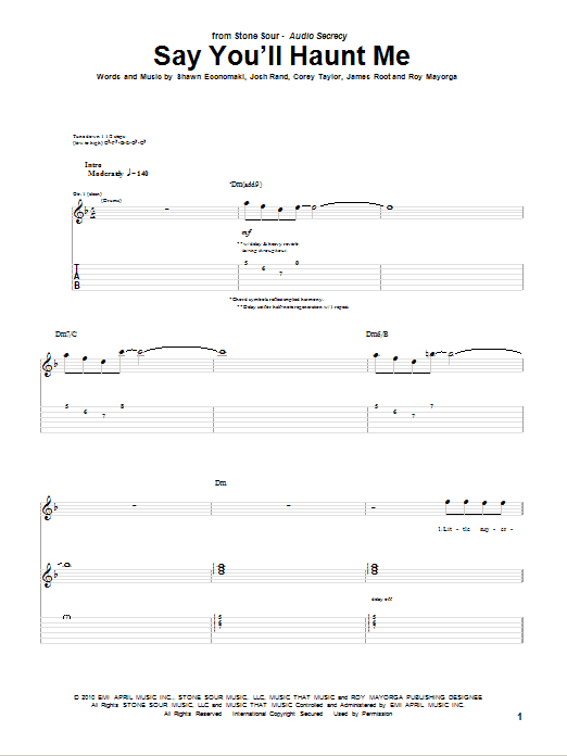 Learn to play Stone Sour Say You'll Haunt Me sheet music for Guitar Tab in minutes. Price: 7.8900$ Stone Sour Say You'll Haunt Me sheet music notes and chords arranged for Guitar Tab