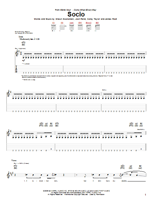 Stone Sour Socio sheet music notes and chords. Download Printable PDF.