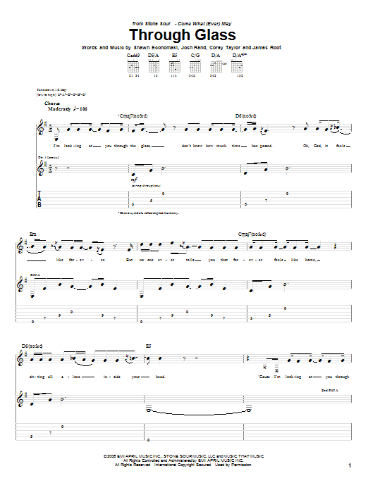 Stone Sour Through Glass sheet music notes and chords. Download Printable PDF.