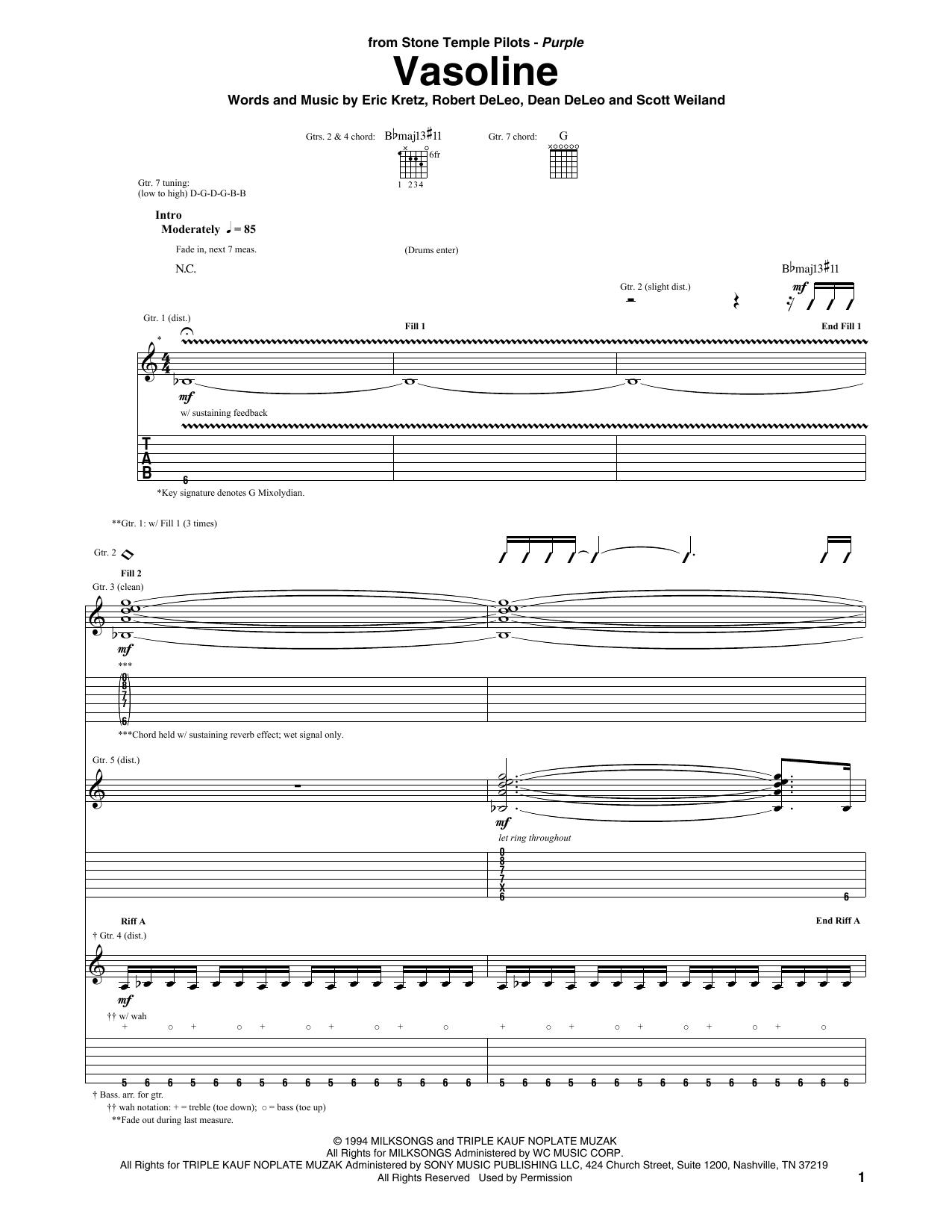 Stone Temple Pilots Vasoline sheet music notes and chords. Download Printable PDF.