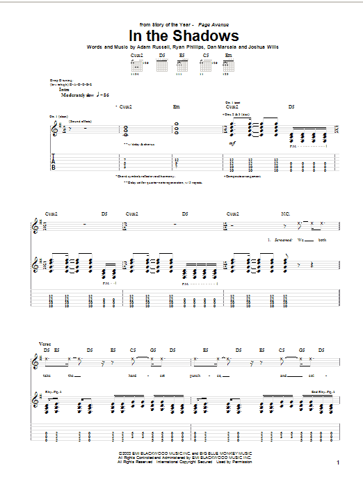 Story Of The Year In The Shadows sheet music notes and chords. Download Printable PDF.