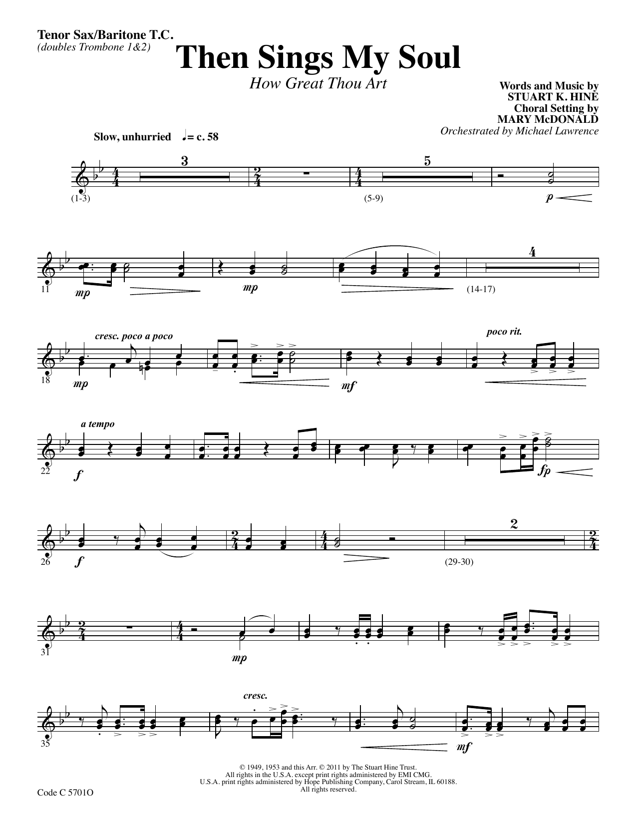 Learn to play Stuart K. Hine Then Sings My Soul (How Great Thou Art) - Bb Tenor Sax/Baritone TC sheet music for Choir Instrumental Pak in minutes. Price: 69.9900$ Stuart K. Hine Then Sings My Soul (How Great Thou Art) - Bb Tenor Sax/Baritone TC sheet music notes and chords arranged for Choir Instrumental Pak