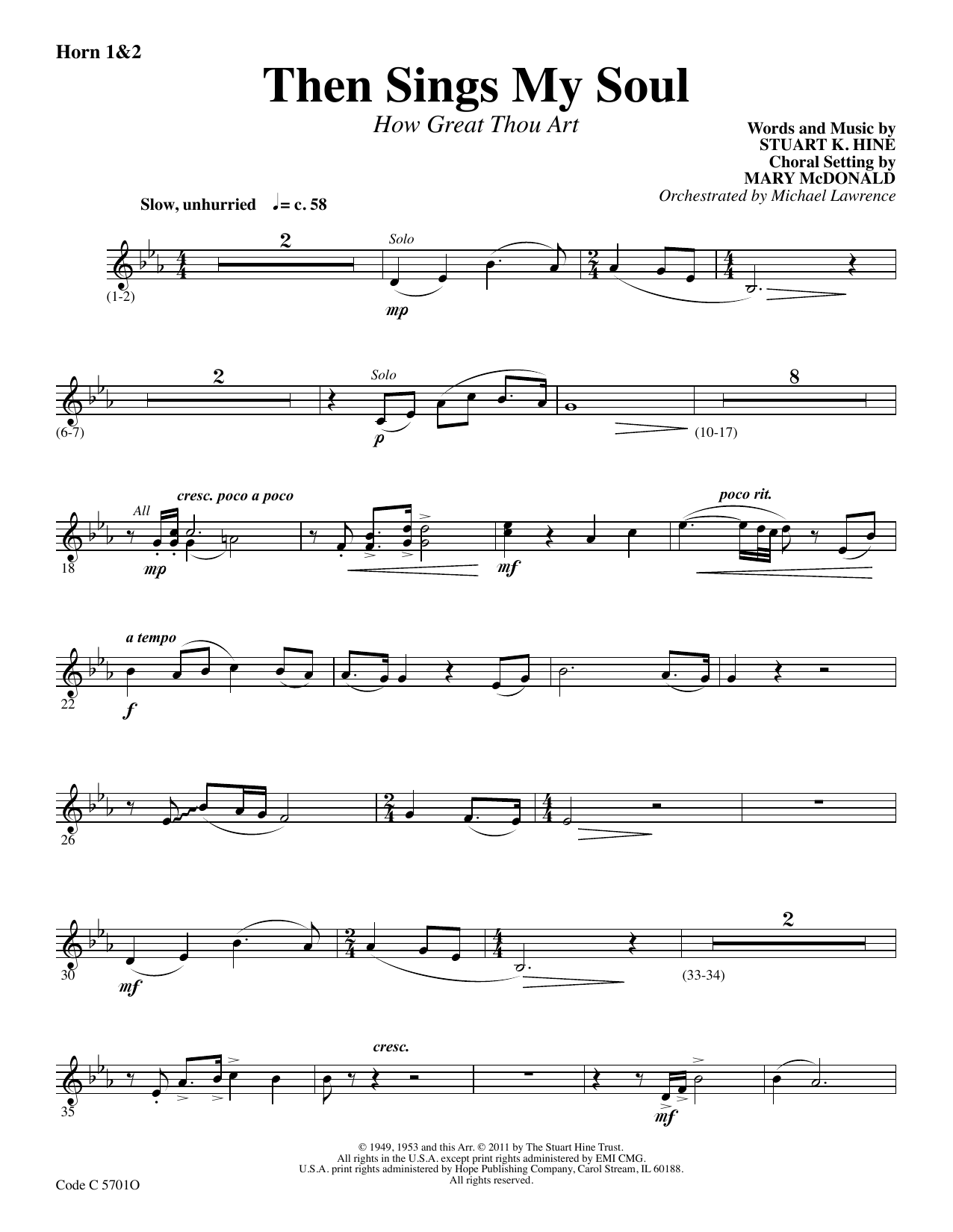 Learn to play Stuart K. Hine Then Sings My Soul (How Great Thou Art) - F Horn 1,2 sheet music for Choir Instrumental Pak in minutes. Price: 69.9900$ Stuart K. Hine Then Sings My Soul (How Great Thou Art) - F Horn 1,2 sheet music notes and chords arranged for Choir Instrumental Pak