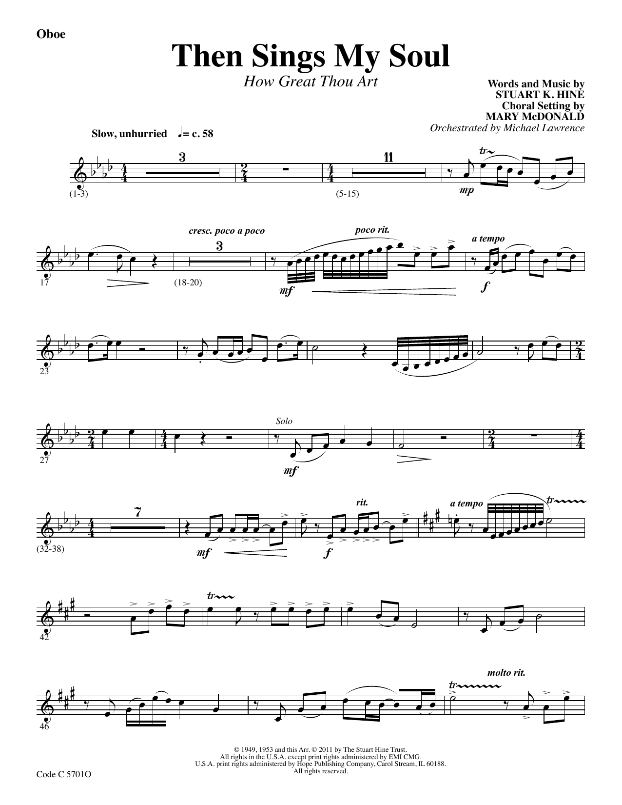 Learn to play Stuart K. Hine Then Sings My Soul (How Great Thou Art) - Oboe sheet music for Choir Instrumental Pak in minutes. Price: 69.9900$ Stuart K. Hine Then Sings My Soul (How Great Thou Art) - Oboe sheet music notes and chords arranged for Choir Instrumental Pak