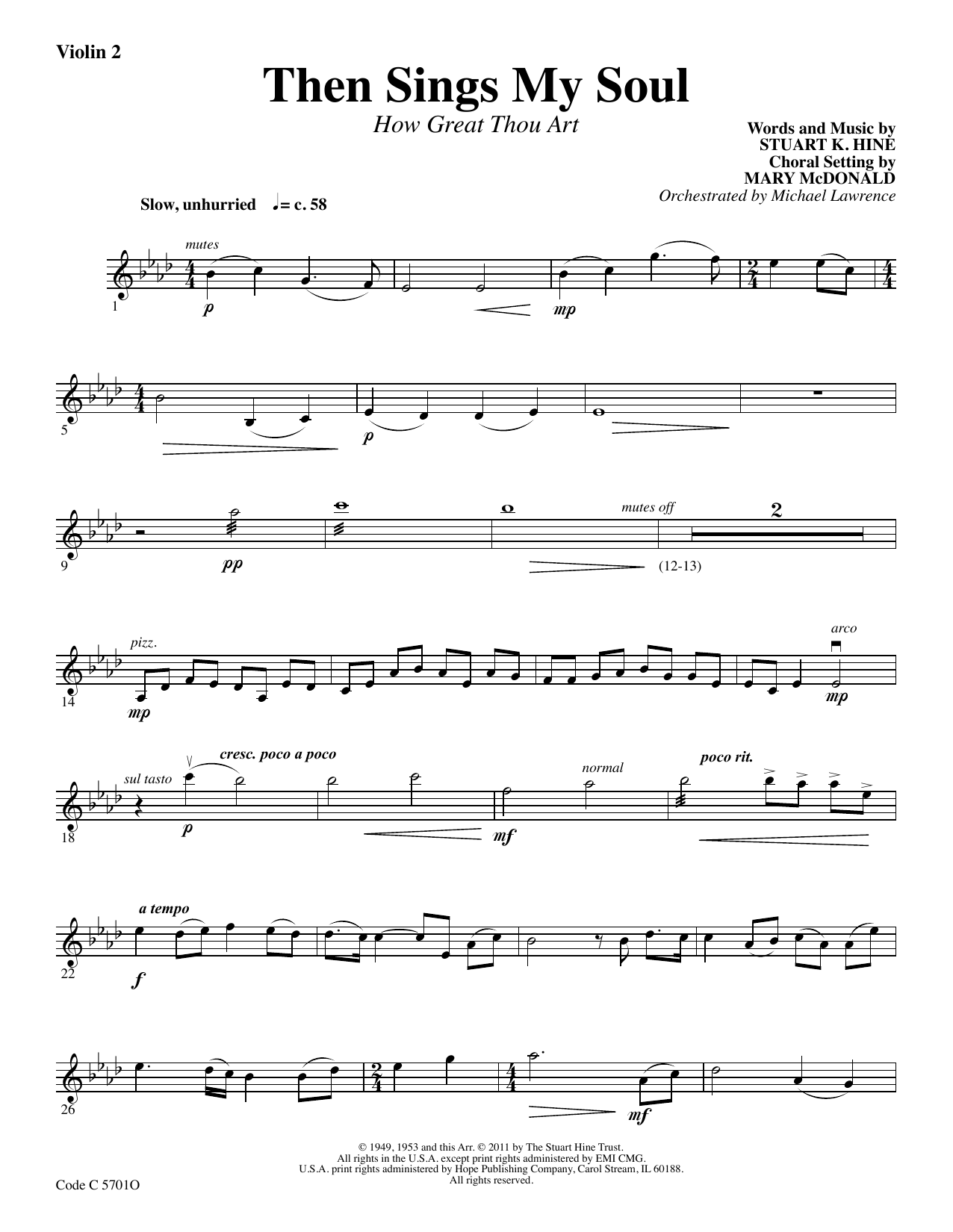 Learn to play Stuart K. Hine Then Sings My Soul (How Great Thou Art) - Violin 2 sheet music for Choir Instrumental Pak in minutes. Price: 69.9900$ Stuart K. Hine Then Sings My Soul (How Great Thou Art) - Violin 2 sheet music notes and chords arranged for Choir Instrumental Pak