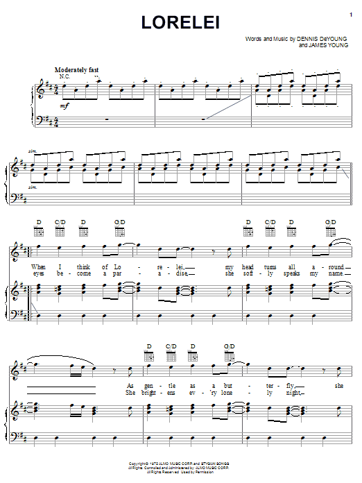 Styx Lorelei sheet music notes and chords. Download Printable PDF.