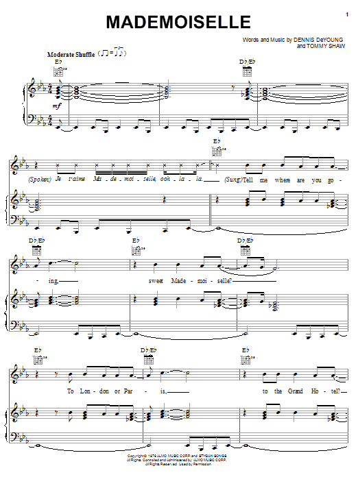 Styx Mademoiselle sheet music notes and chords. Download Printable PDF.