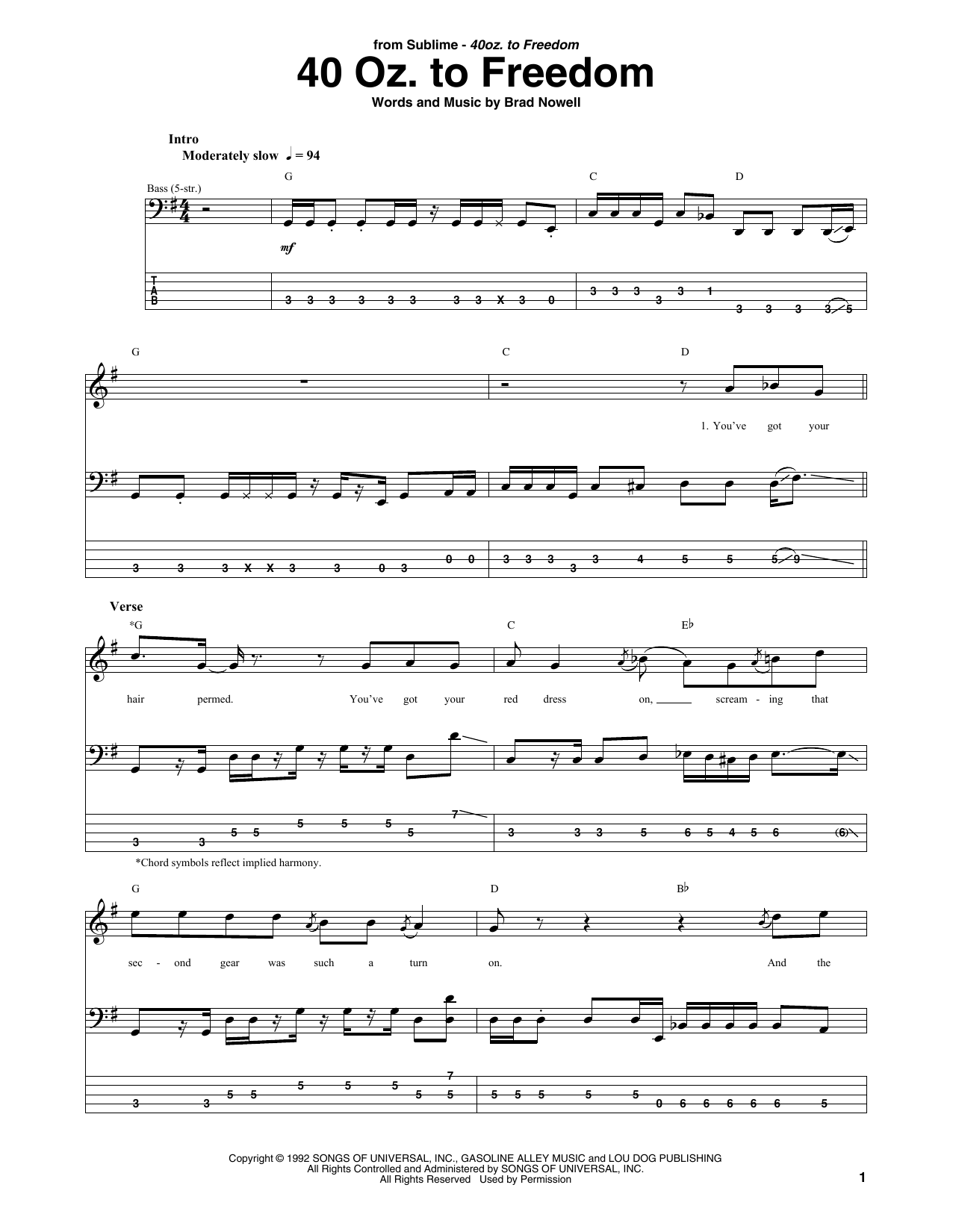 Sublime 40 Oz. To Freedom sheet music notes and chords. Download Printable PDF.