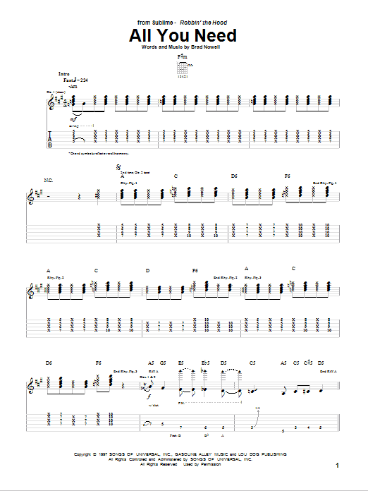 Sublime All You Need sheet music notes and chords. Download Printable PDF.