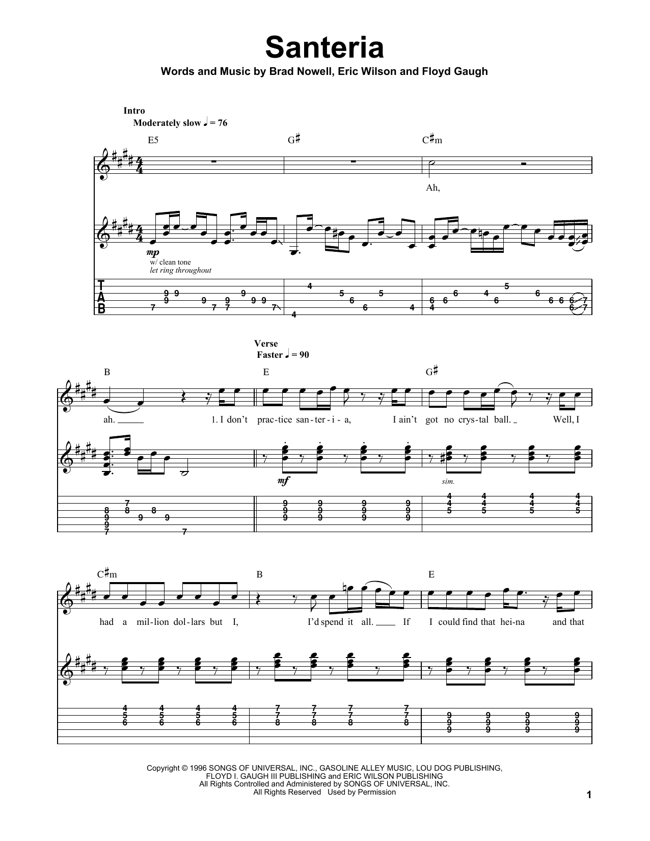 Sublime Santeria sheet music notes and chords - Download Printable PDF and start playing in minutes.