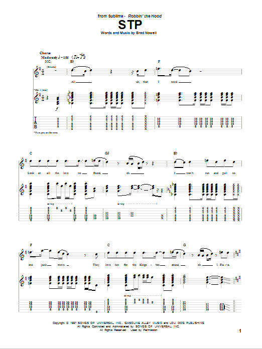 Sublime STP sheet music notes and chords. Download Printable PDF.