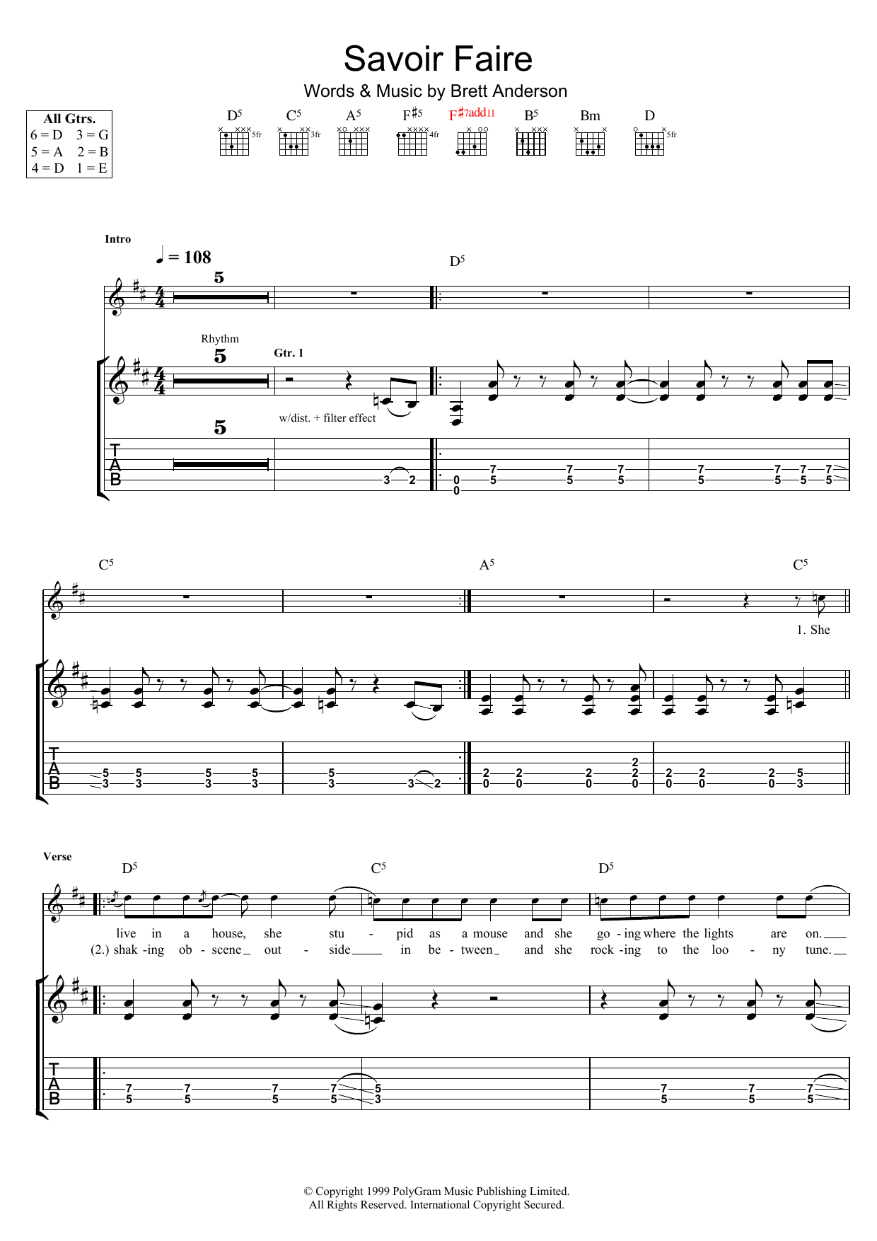Learn to play Suede Savoir Faire sheet music for Guitar Tab in minutes. Suede Savoir Faire sheet music notes and chords. Download Printable PDF.