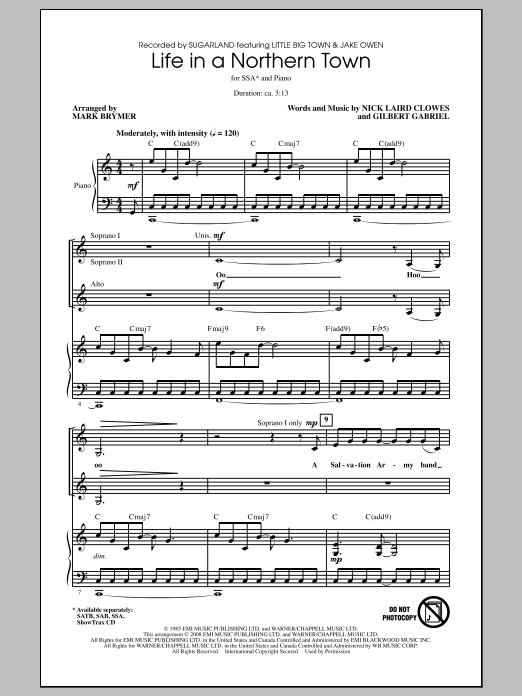 Learn to play Sugarland Life In A Northern Town (arr. Mark Brymer) sheet music for SSA Choir in minutes. Price: 3.9900$ Sugarland Life In A Northern Town (arr. Mark Brymer) sheet music notes and chords arranged for SSA Choir