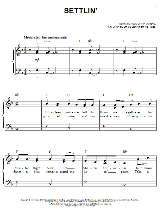 Sugarland Settlin' sheet music notes and chords arranged for Easy Piano