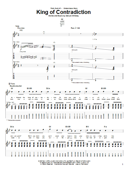 Learn to play Sum 41 King Of Contradiction sheet music for Guitar Tab in minutes. Price: 7.8900$ Sum 41 King Of Contradiction sheet music notes and chords arranged for Guitar Tab