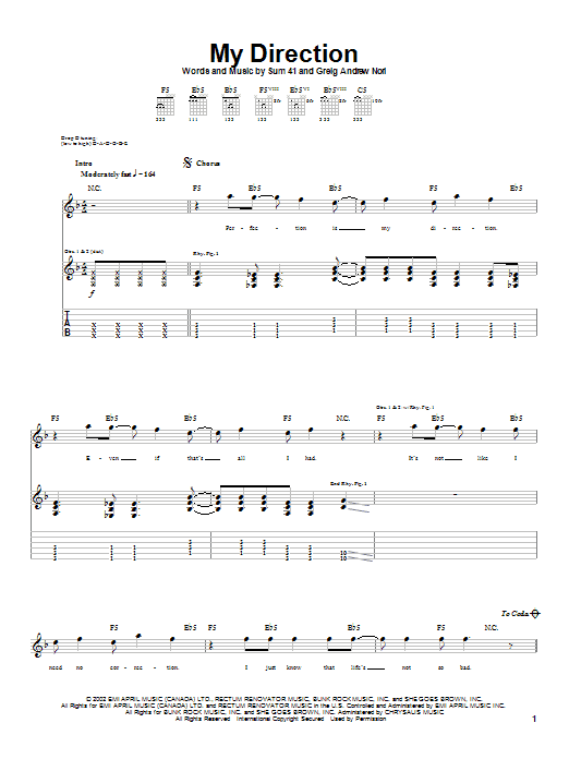 Sum 41 My Direction sheet music notes and chords. Download Printable PDF.