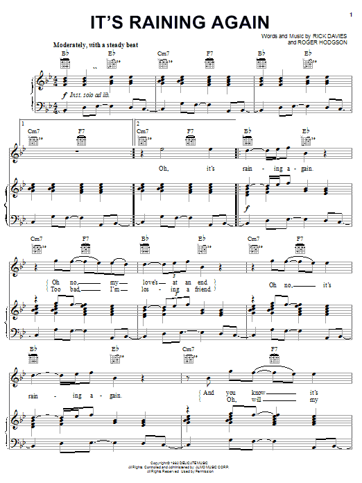 Supertramp It's Raining Again sheet music notes and chords. Download Printable PDF.