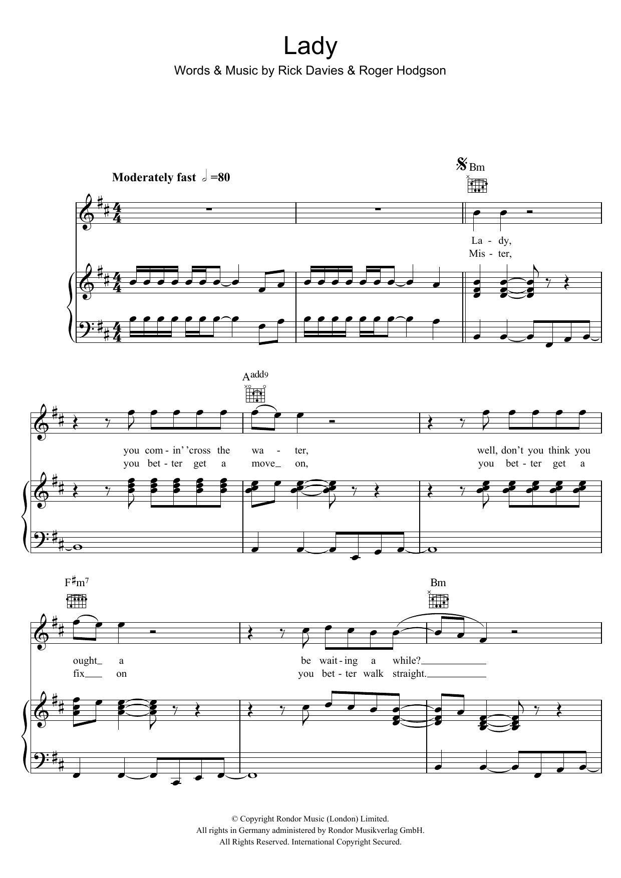 Supertramp Lady sheet music notes and chords. Download Printable PDF.