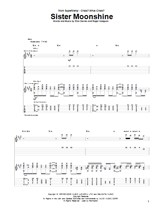 Supertramp Sister Moonshine sheet music notes and chords. Download Printable PDF.