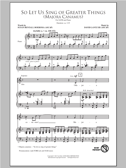 Learn to play David Lantz III So Let Us Sing Of Greater Things (Majora Canamus) sheet music for SATB Choir in minutes. Price: 3.9900$ David Lantz III So Let Us Sing Of Greater Things (Majora Canamus) sheet music notes and chords arranged for SATB Choir